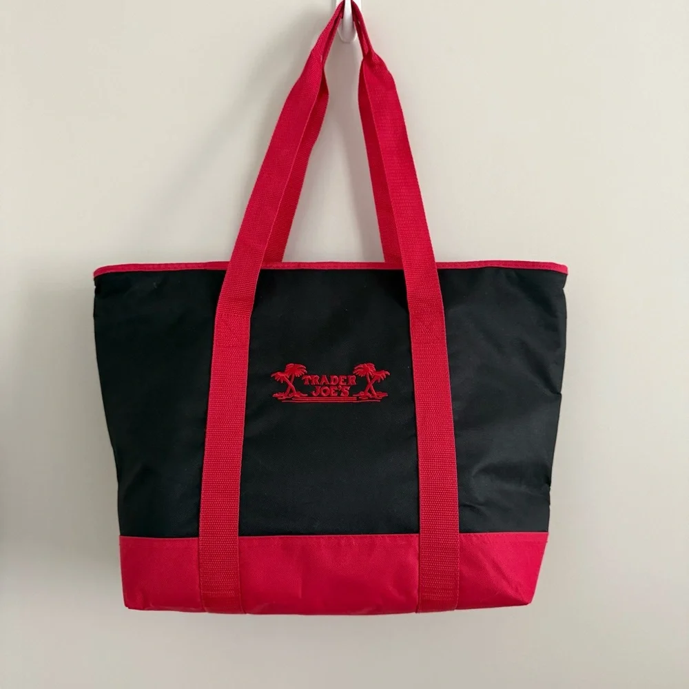 Trader Joes Insulated Reusable Shopping Tote Bag Zip Top Black Red Embroidered - Picture 1 of 9